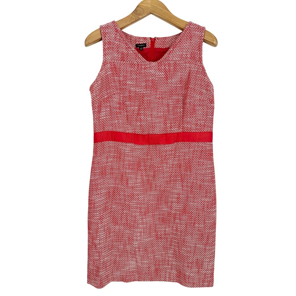 Talbots Red Tweed Sleeveless Sheath Dress Grosgrain Bow Waist Womens Size 14